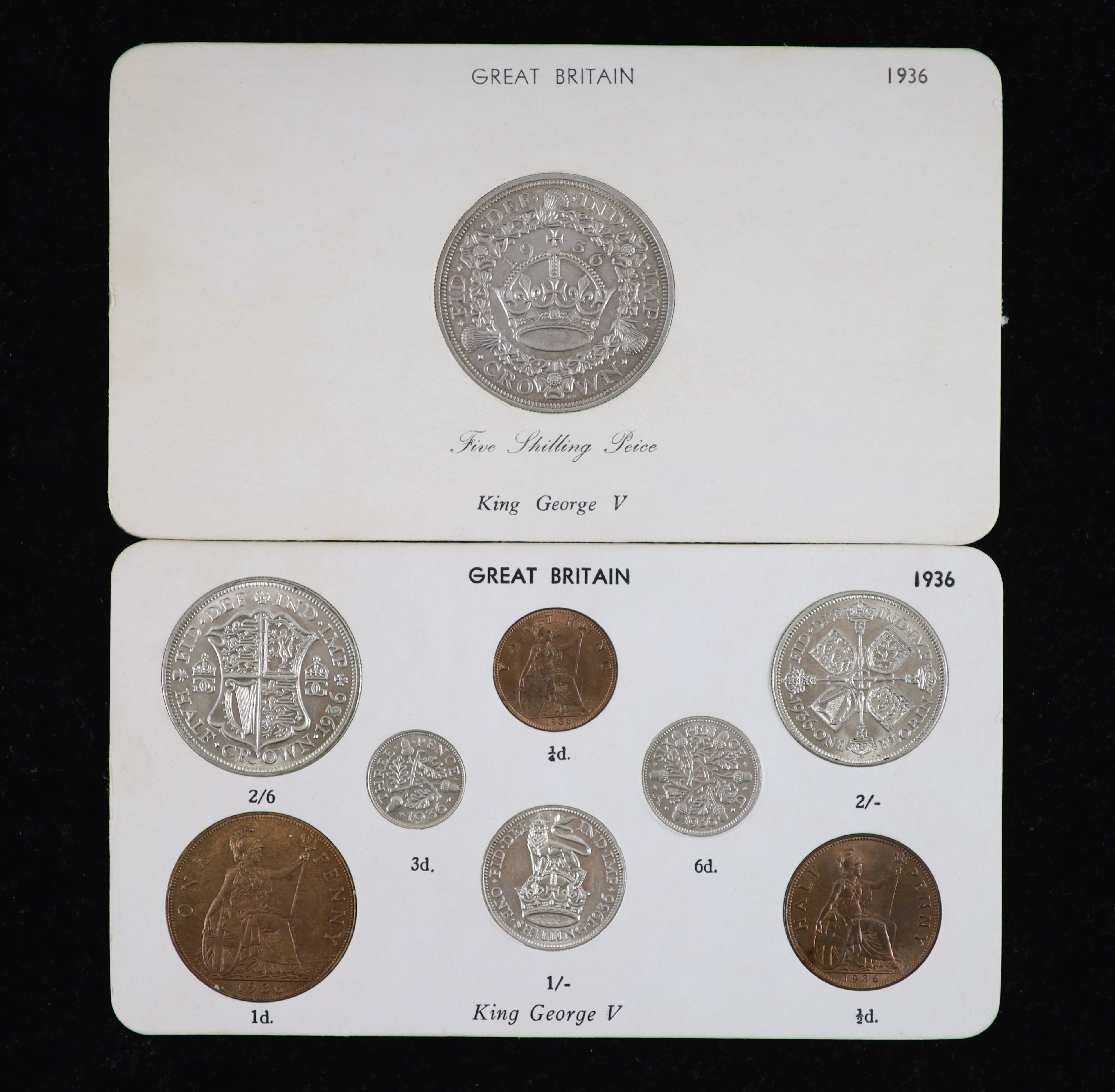 George V specimen set of nine coins, 1936, fourth coinage, comprising Crown (S4036), cleaned about EF, scarce, halfcrown florin, shilling and sixpence, cleaned, about EF/EF, the penny, halfpenny and farthing, lustrous UN